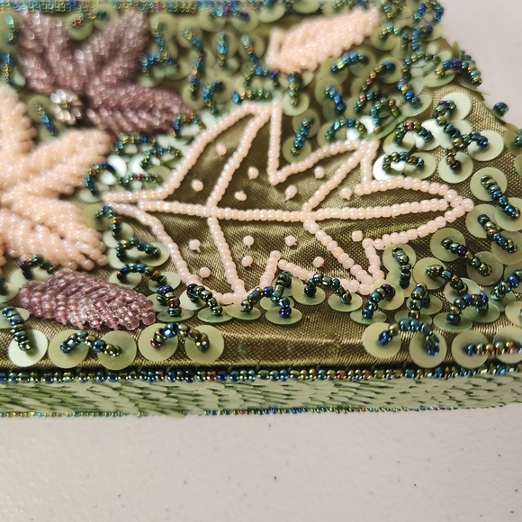 Y2K Beaded Clutch Purse Bag Green Satin Floral Whimsygoth Fairycore 90s Vintage - Picture 7 of 11